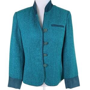 Coldwater Creek Sz 8P Jacket Blazer Teal Blue Tweed Faux Suede Trim Button Front